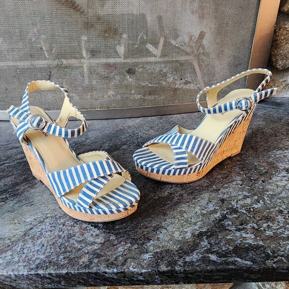 Eva & Zoe Blue/White Striped Sexy 1940s Cork Wedge Sandals Size 8 - Picture 3 of 16